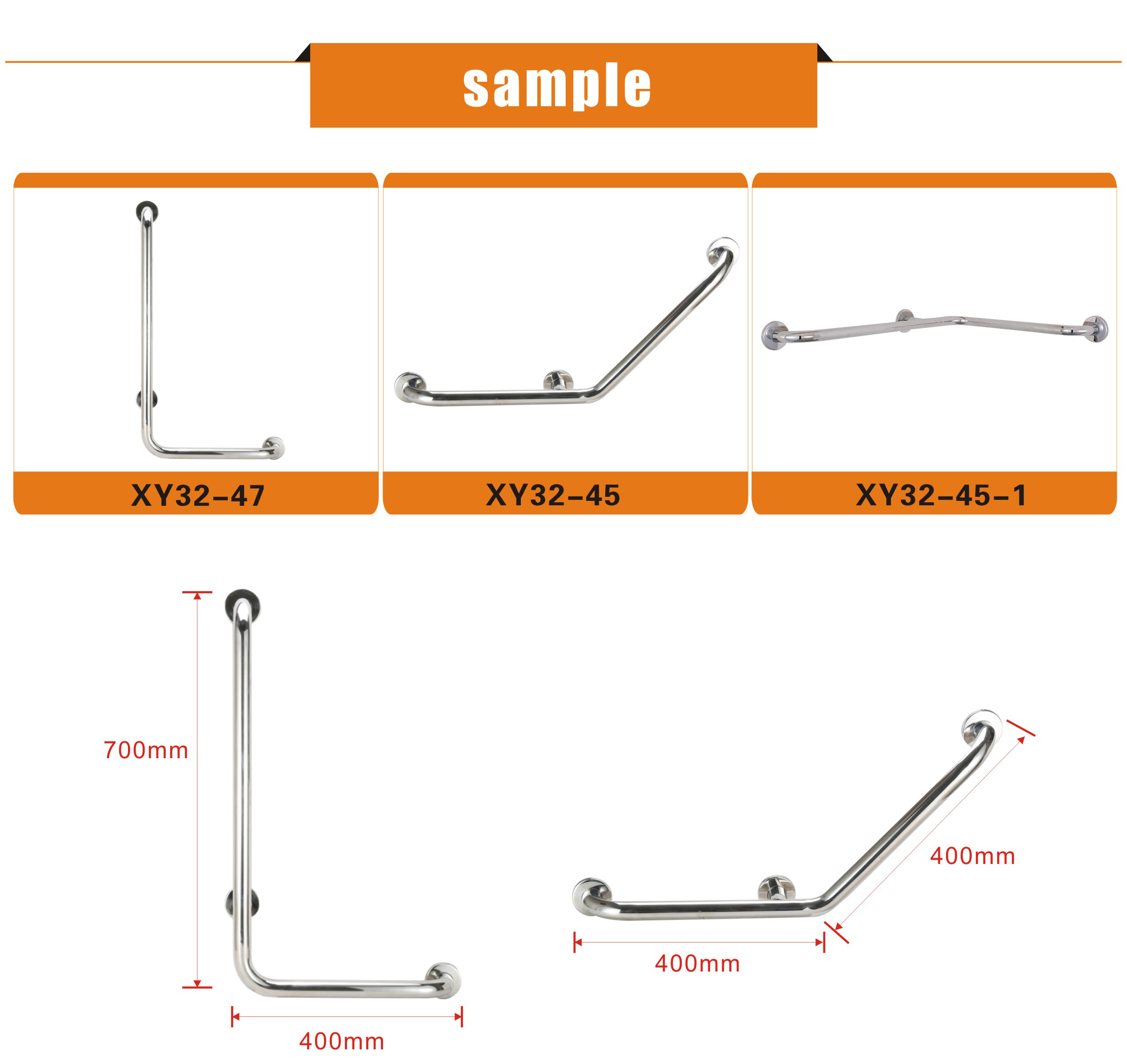 XY32-47 L-Shaped 304 Stainless Steel Grab Bar, 32 mm (1.25