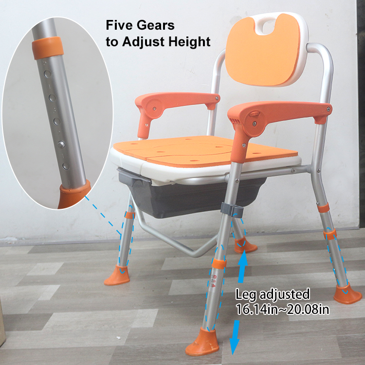 XY320-52 Heavy-Duty Adjustable Shower Commode Chair with Back & Arms, 300 kg Load, Aluminum + EVA Seat (Orange/Custom) – Factory Wholesale