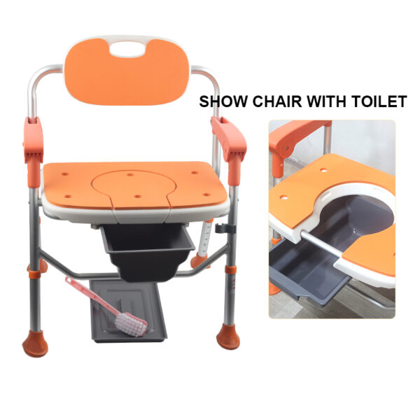 XY320-52 Heavy-Duty Adjustable Shower Commode Chair with Back & Arms, 300 kg Load, Aluminum + EVA Seat (Orange/Custom) – Factory Wholesale
