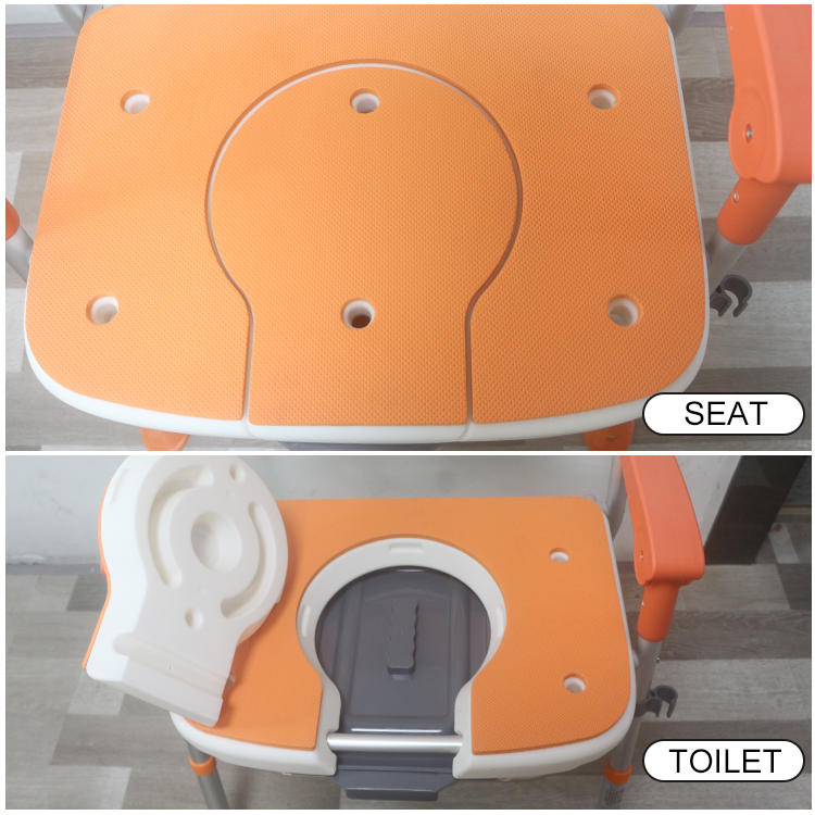 XY320-52 Heavy-Duty Adjustable Shower Commode Chair with Back & Arms, 300 kg Load, Aluminum + EVA Seat (Orange/Custom) – Factory Wholesale