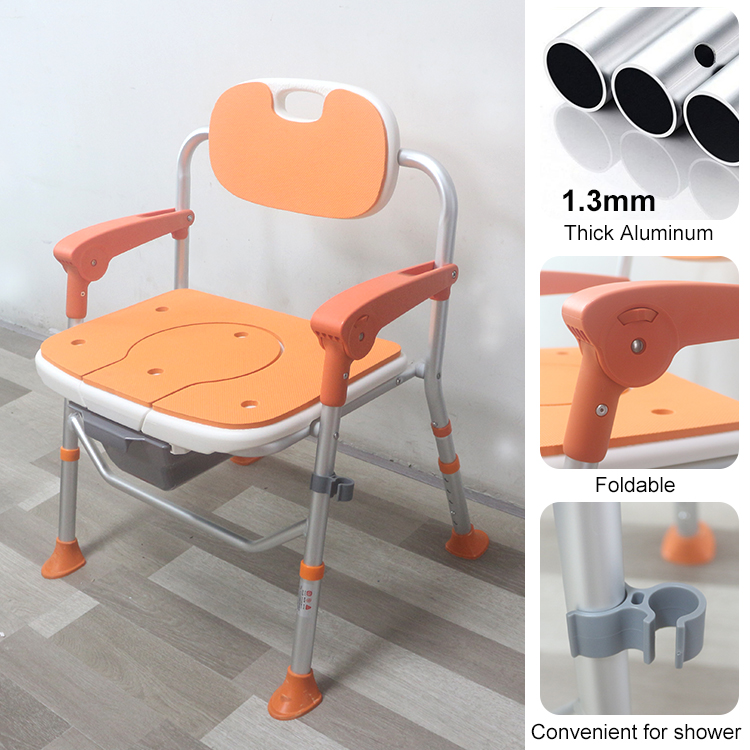 XY320-52 Heavy-Duty Adjustable Shower Commode Chair with Back & Arms, 300 kg Load, Aluminum + EVA Seat (Orange/Custom) – Factory Wholesale
