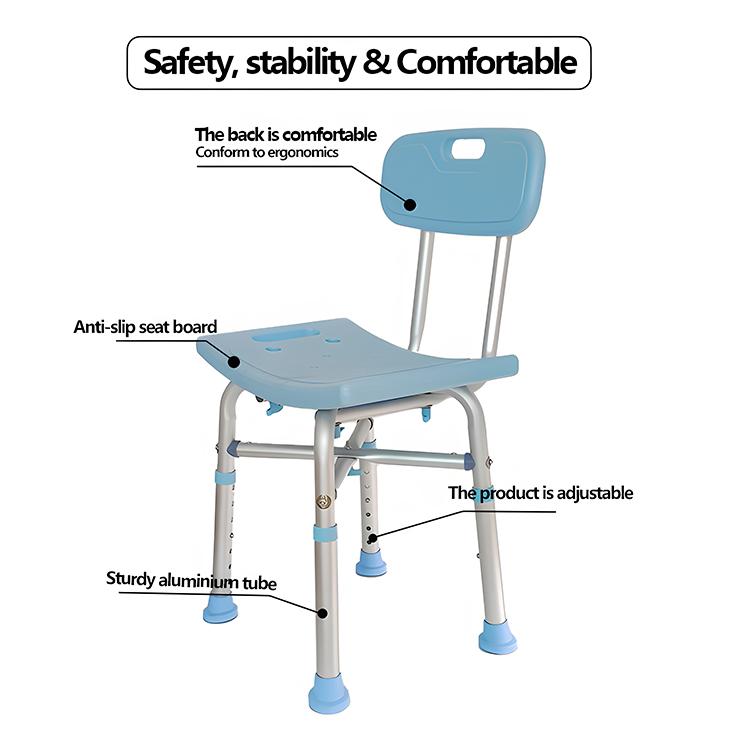 Heavy-Duty Adjustable Shower Chair with Back, 300 kg Load | Aluminum Frame, Non-Slip Feet | Model XY320-61 (Factory Wholesale)