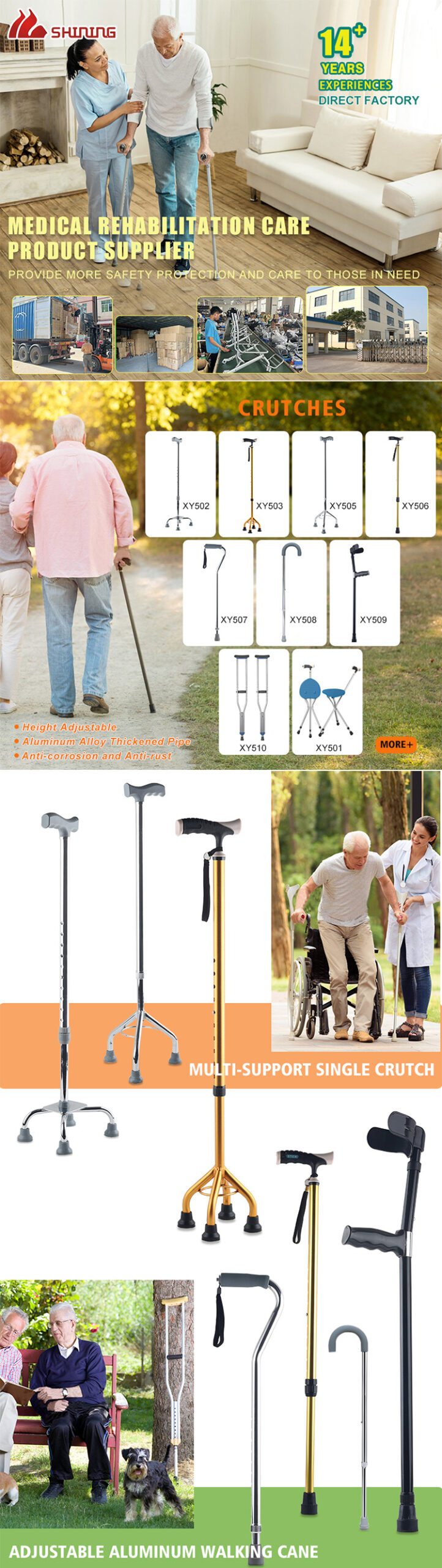 Hot Sale Aluminium Alloy Crutches Stabled Retractable Quad Walker Four Legs Adjustable Walking Stick Anti-slip Base Cane