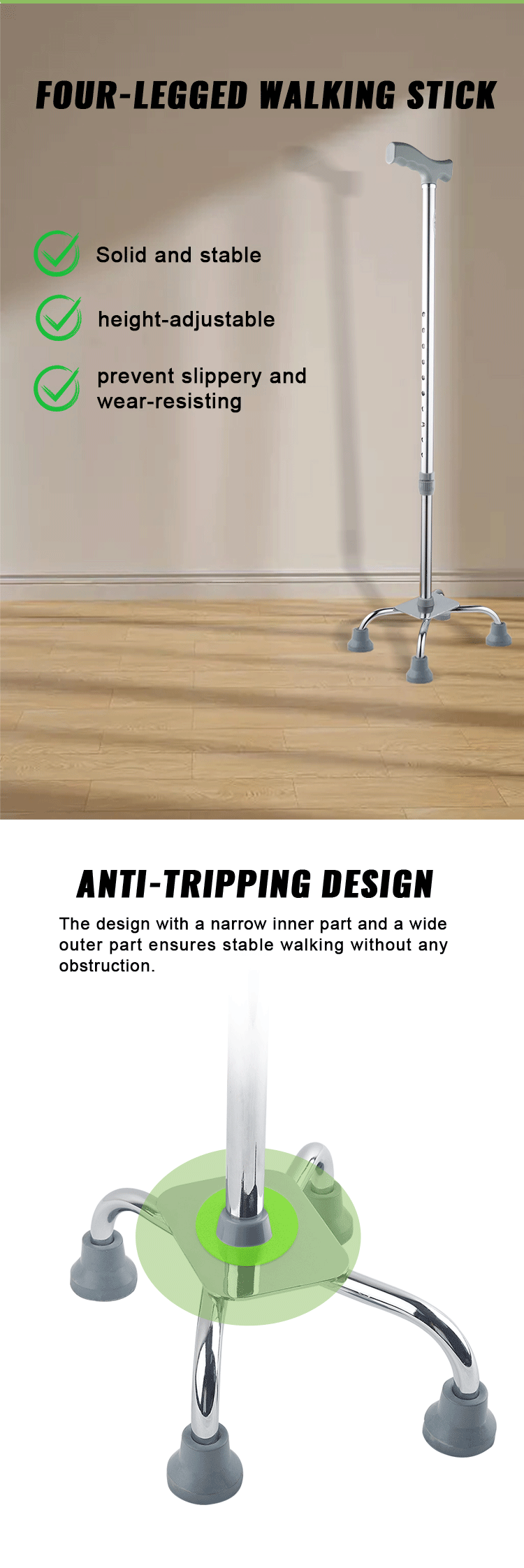 Hot Sale Aluminium Alloy Crutches Stabled Retractable Quad Walker Four Legs Adjustable Walking Stick Anti-slip Base Cane