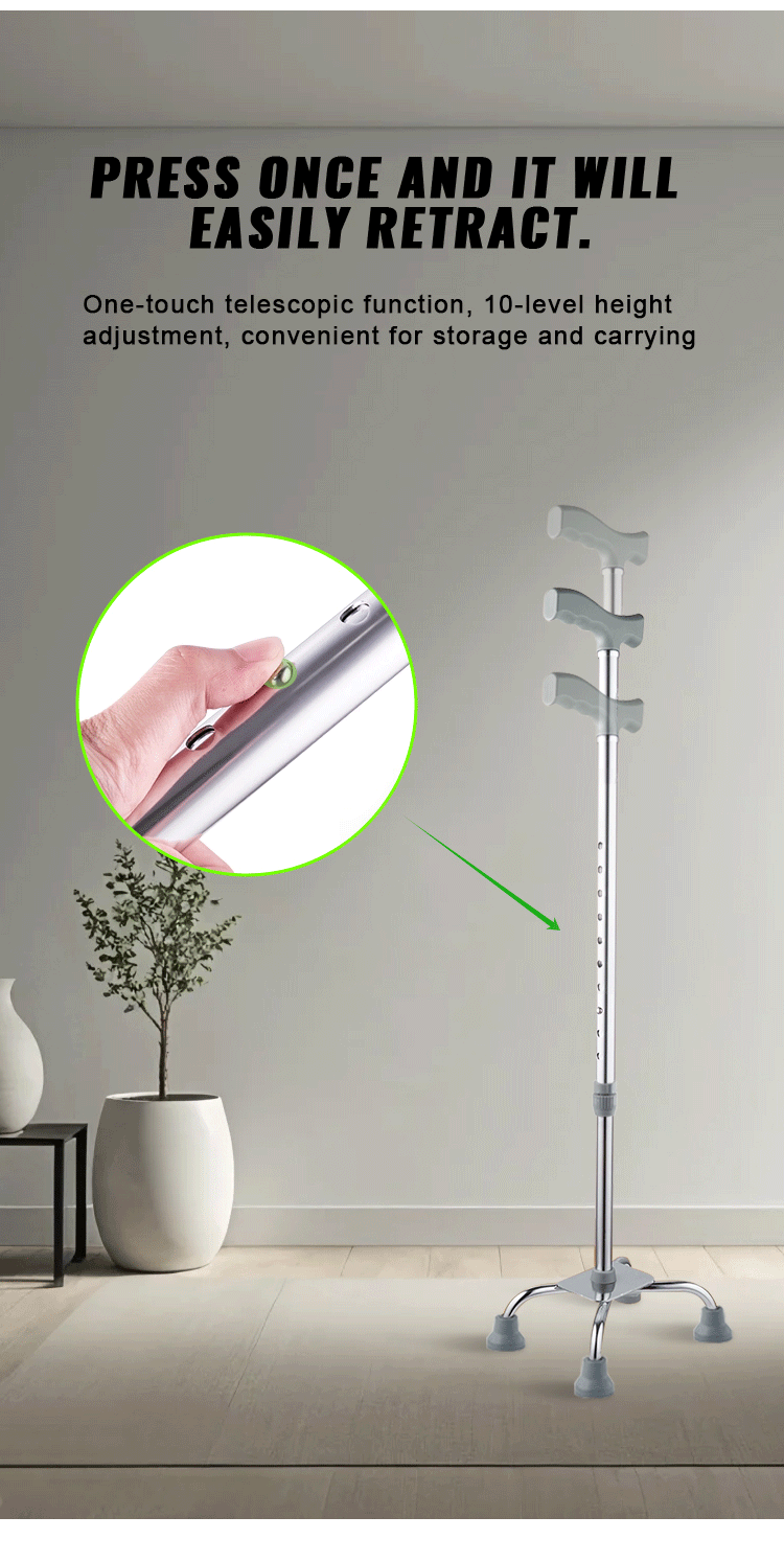 Hot Sale Aluminium Alloy Crutches Stabled Retractable Quad Walker Four Legs Adjustable Walking Stick Anti-slip Base Cane