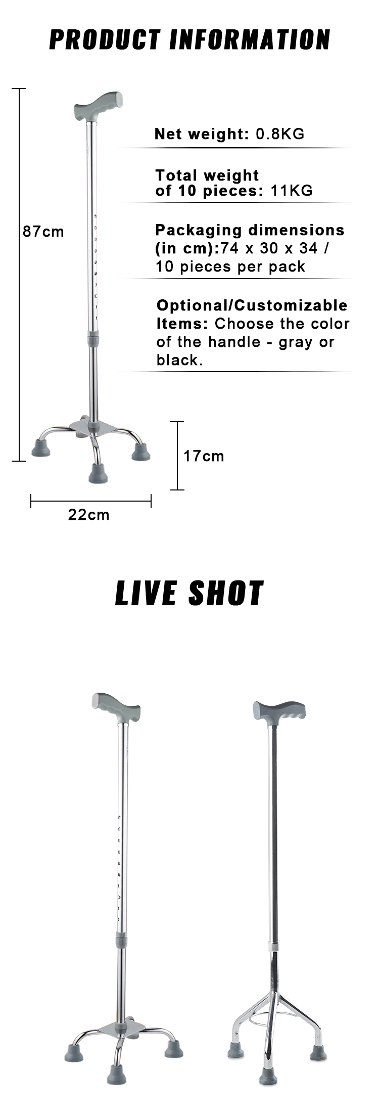 Hot Sale Aluminium Alloy Crutches Stabled Retractable Quad Walker Four Legs Adjustable Walking Stick Anti-slip Base Cane