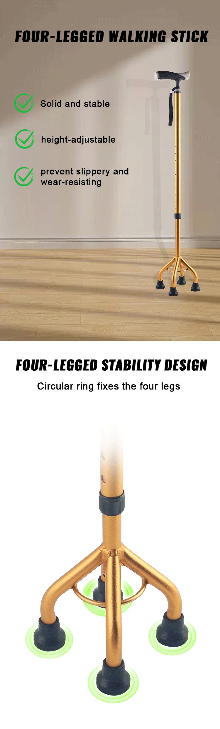 Height Adjustable Aluminum Cane Stabled Four Legs Walking Stick Wrist Strap Walking Cane Elderly Crutch