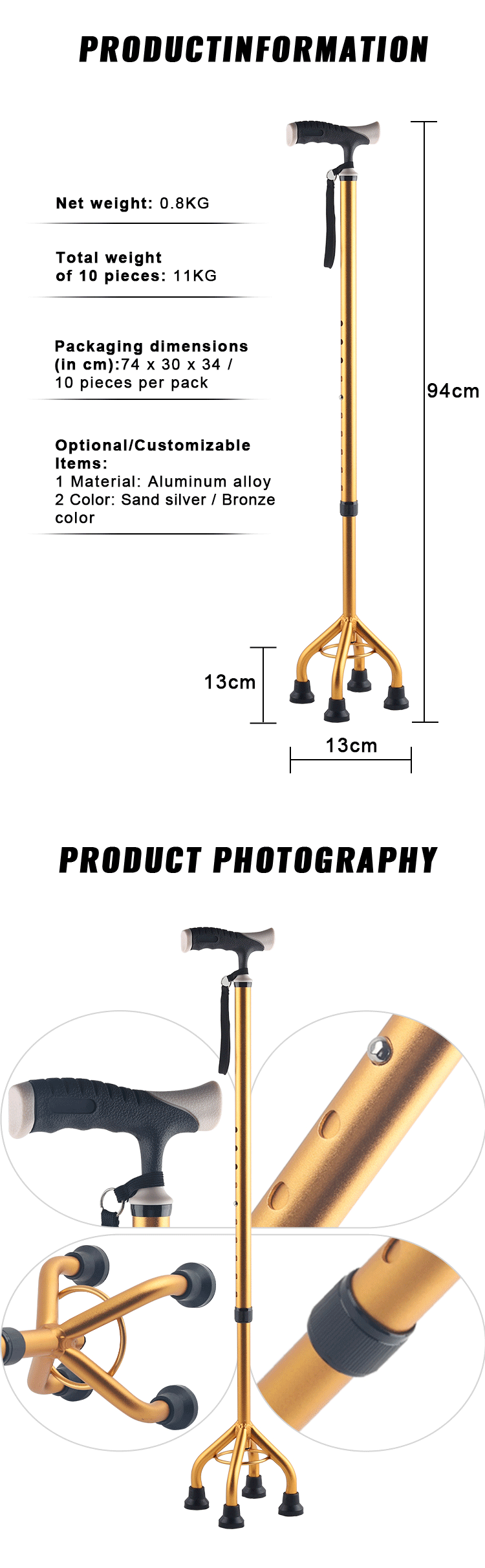 Height Adjustable Aluminum Cane Stabled Four Legs Walking Stick Wrist Strap Walking Cane Elderly Crutch