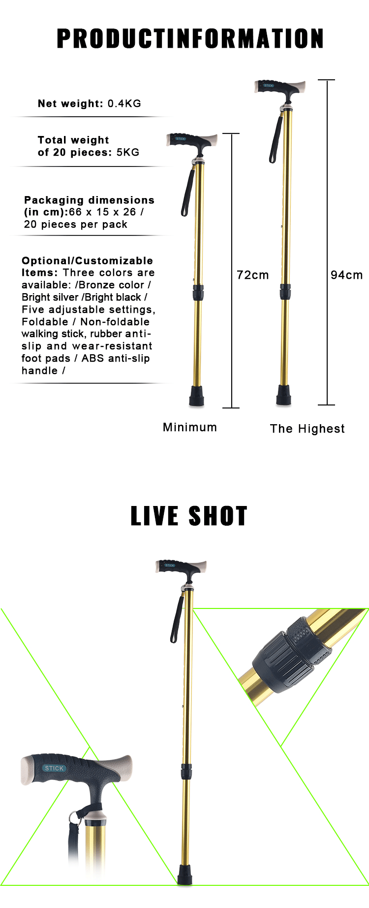 Manufacturer Supply Folding Climbing Trekking Poles Lightweight Aluminum Cane Walking Stick Standing Crutch for Elderly