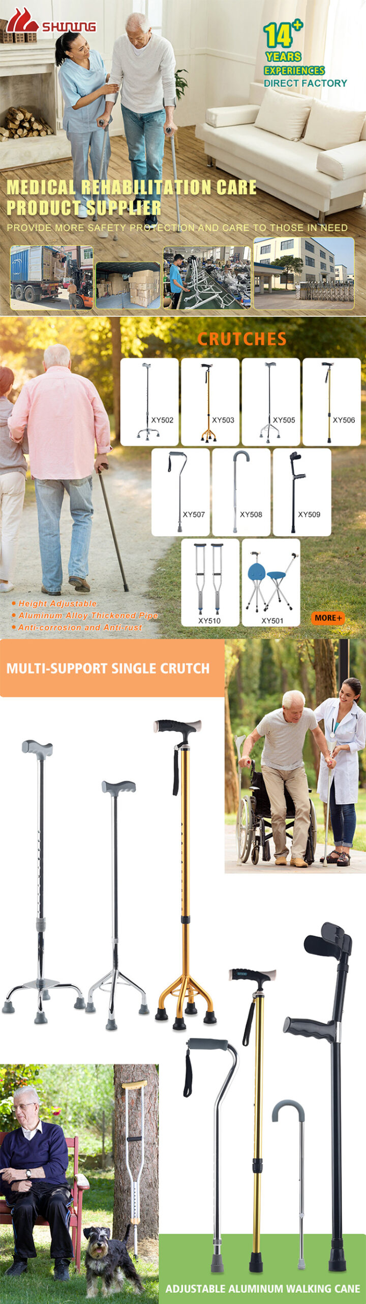 Factory Aluminum Cane Portable Hand Walking Stick Walking Cane Medical Home Use Light Mobility Crutch Elderly