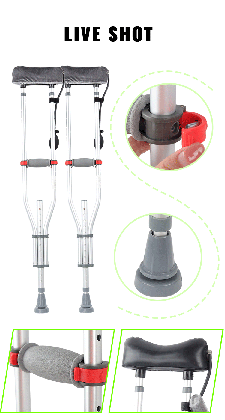 Best Sale Aluminum Underarm Crutches Adjustable Disabled Armpit Crutch with Comfort airbag