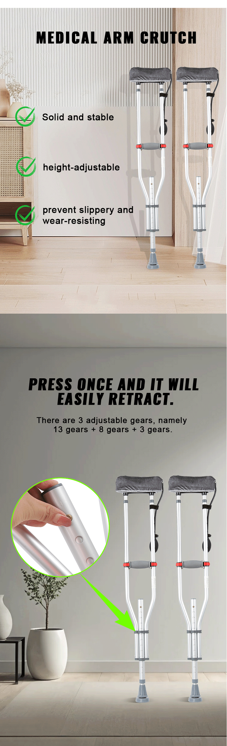 Best Sale Aluminum Underarm Crutches Adjustable Disabled Armpit Crutch with Comfort airbag