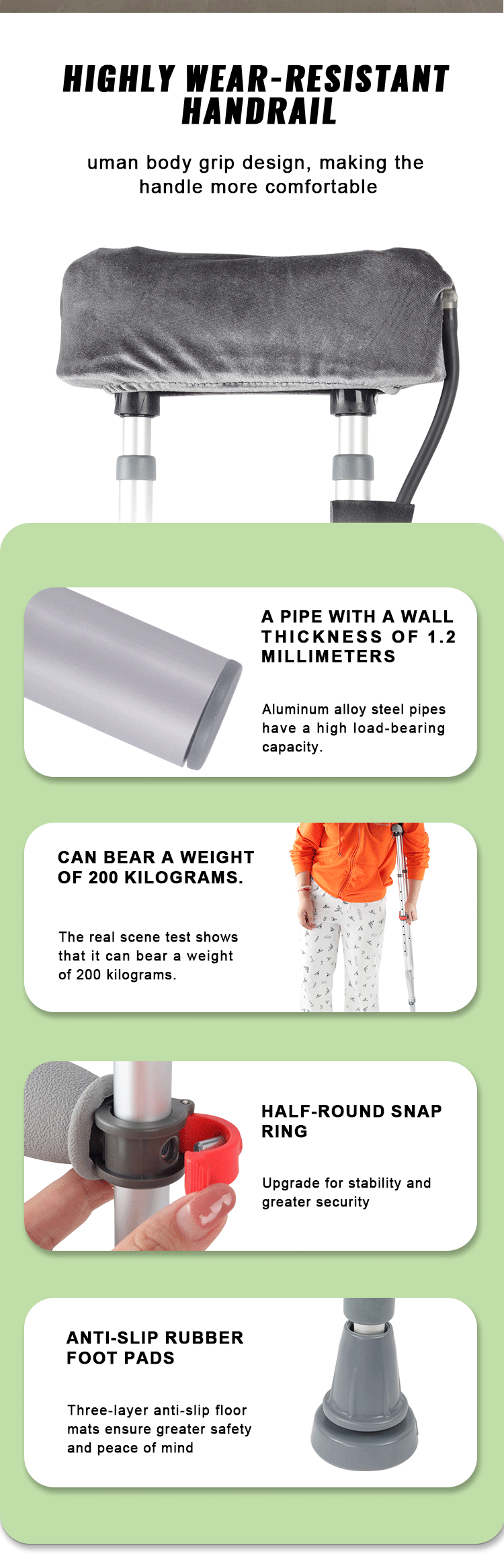 Best Sale Aluminum Underarm Crutches Adjustable Disabled Armpit Crutch with Comfort airbag