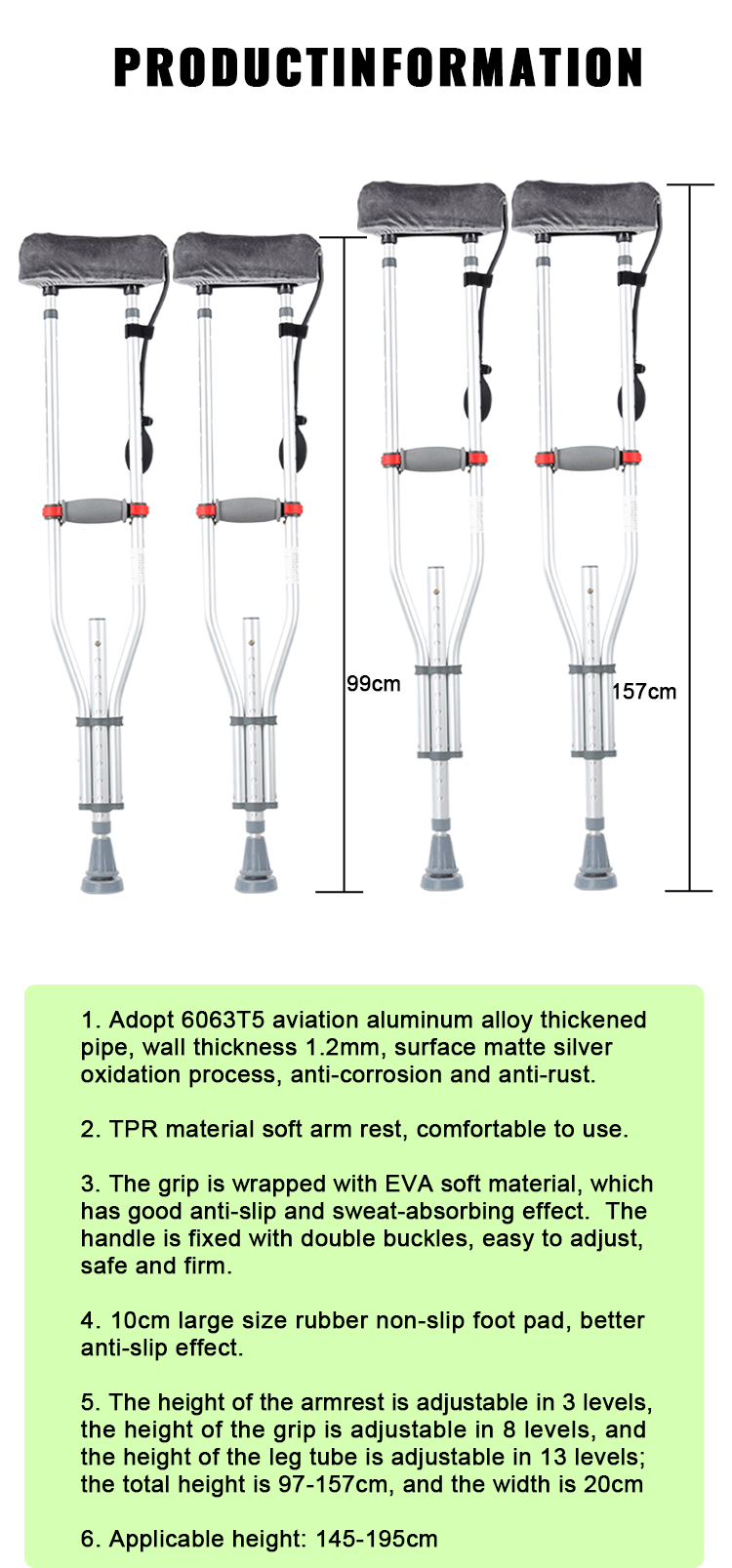 Best Sale Aluminum Underarm Crutches Adjustable Disabled Armpit Crutch with Comfort airbag