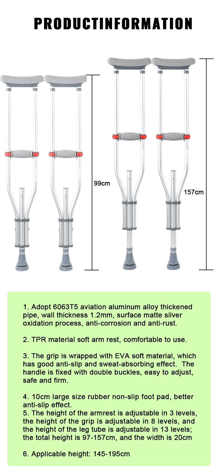 Hot Sale Lightweight Underarm Crutches Adjustable Arm Cane Comfort Elbow Crutches for Elderly Disabled