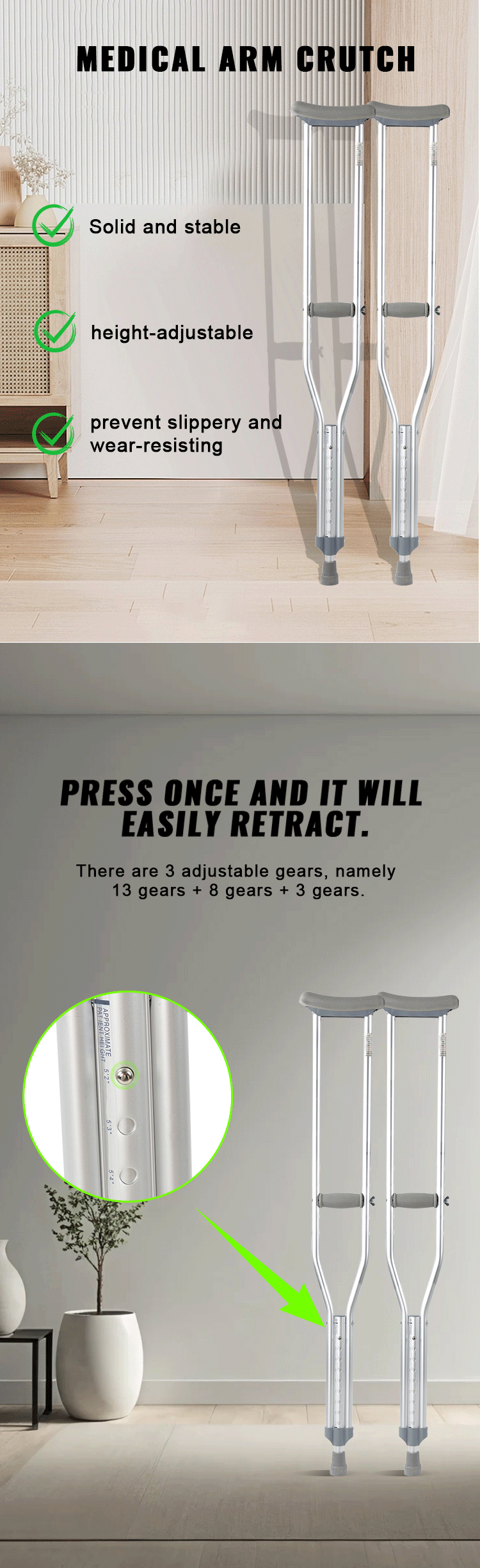 OEM Custom Disabled Crutch Aluminum Underarm Crutches Hight Adjustable Medical Crutches