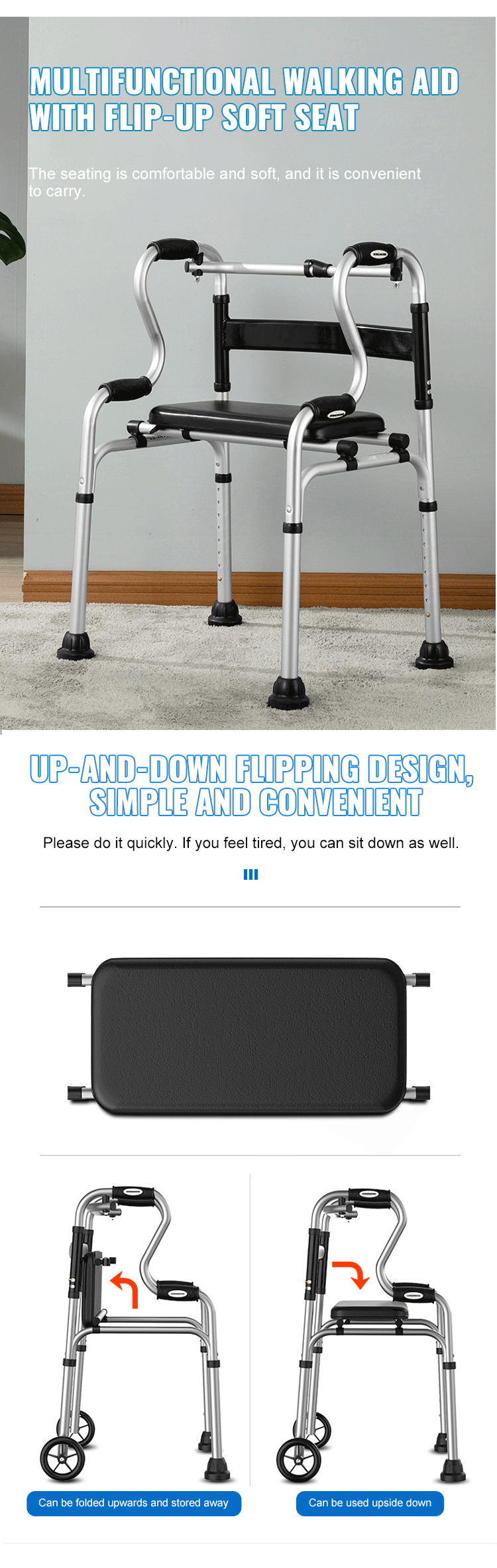 Factory Custom Aluminum Walking Aids Foldable Lightweight Roller Walker for Disabled Rehabilitation Therapy