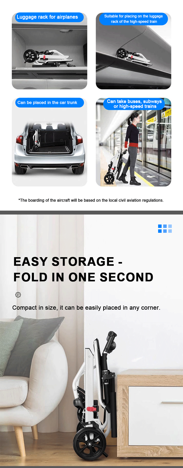 Factory Ultra Lightweight Airplane Wheelchair Aluminum Manual Wheelchair Foldable for Transport