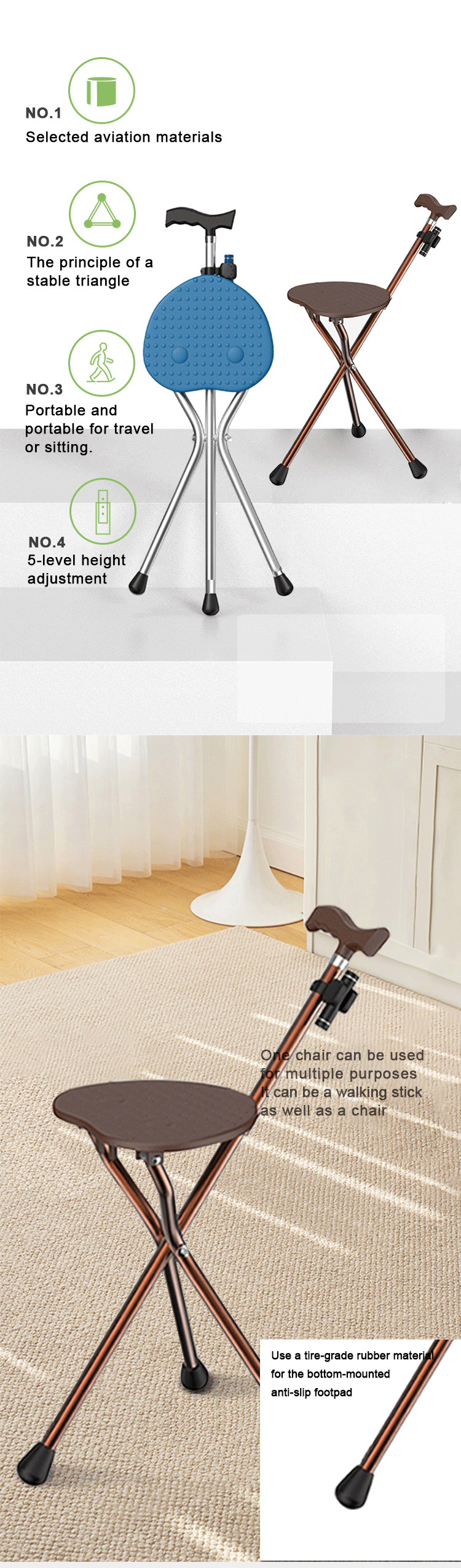 Factory Wholesale Aluminum Crutches Elderly Cane Walking Stick Multifunctional Foldable Walking Cane with Seat