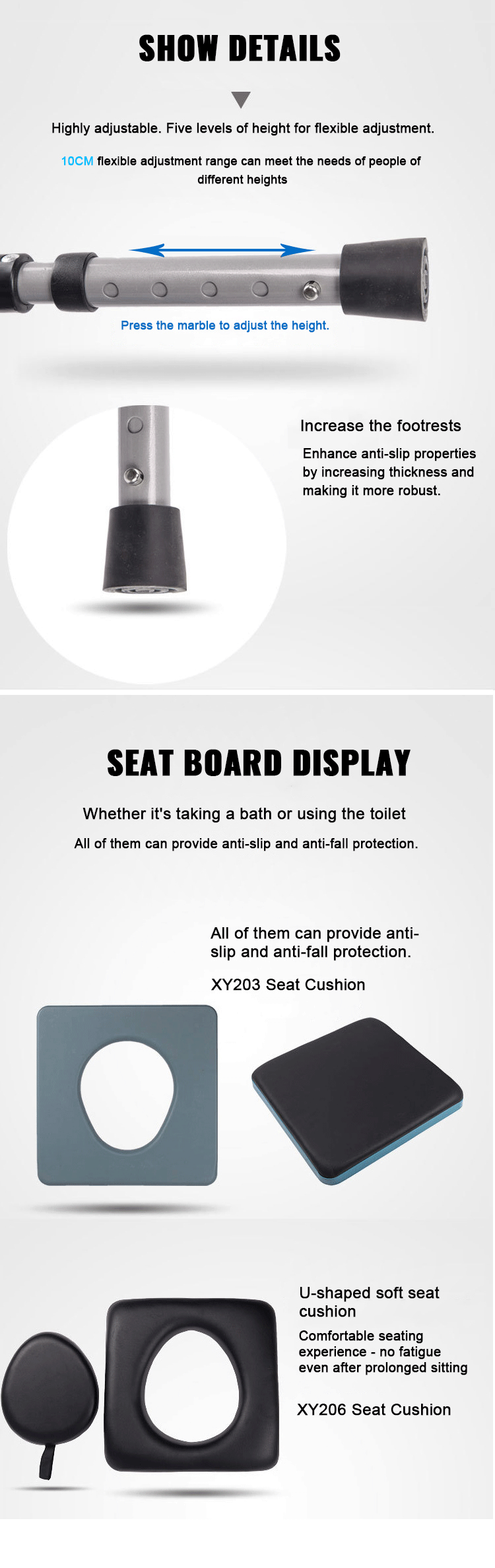 Manufacturer OEM Aluminum Eldery Commode Chair Height Adjustable Mobile Toilet Chair