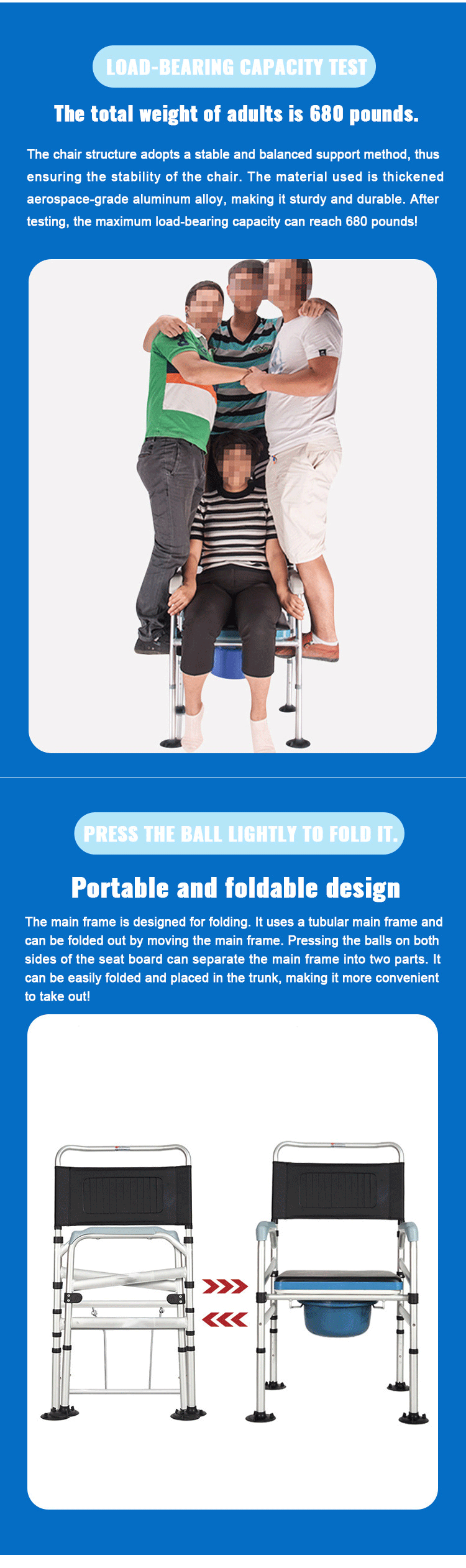 Custom High Quality Folding Commode Chair Aluminum Mobile Toilet Chair Bath Chair for Disabled Elderly