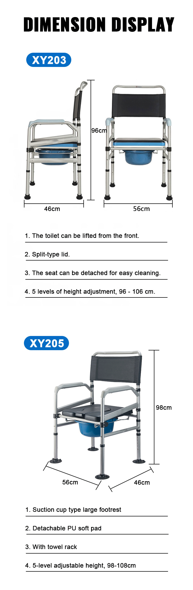 Custom High Quality Folding Commode Chair Aluminum Mobile Toilet Chair Bath Chair for Disabled Elderly