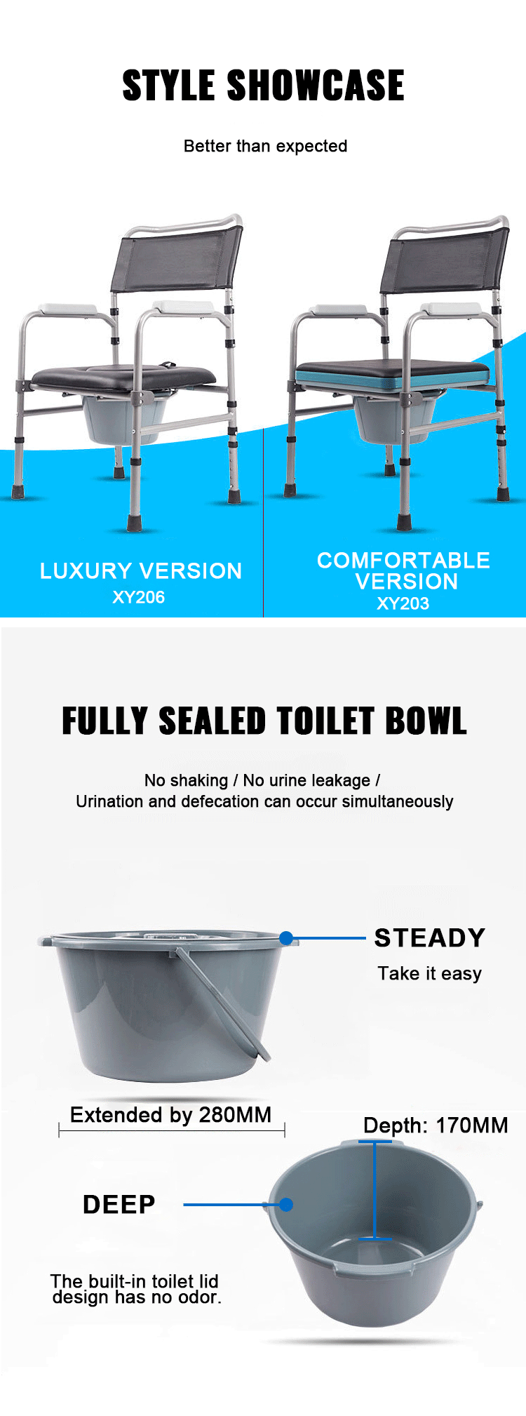 Manufacturer OEM Aluminum Eldery Commode Chair Height Adjustable Mobile Toilet Chair