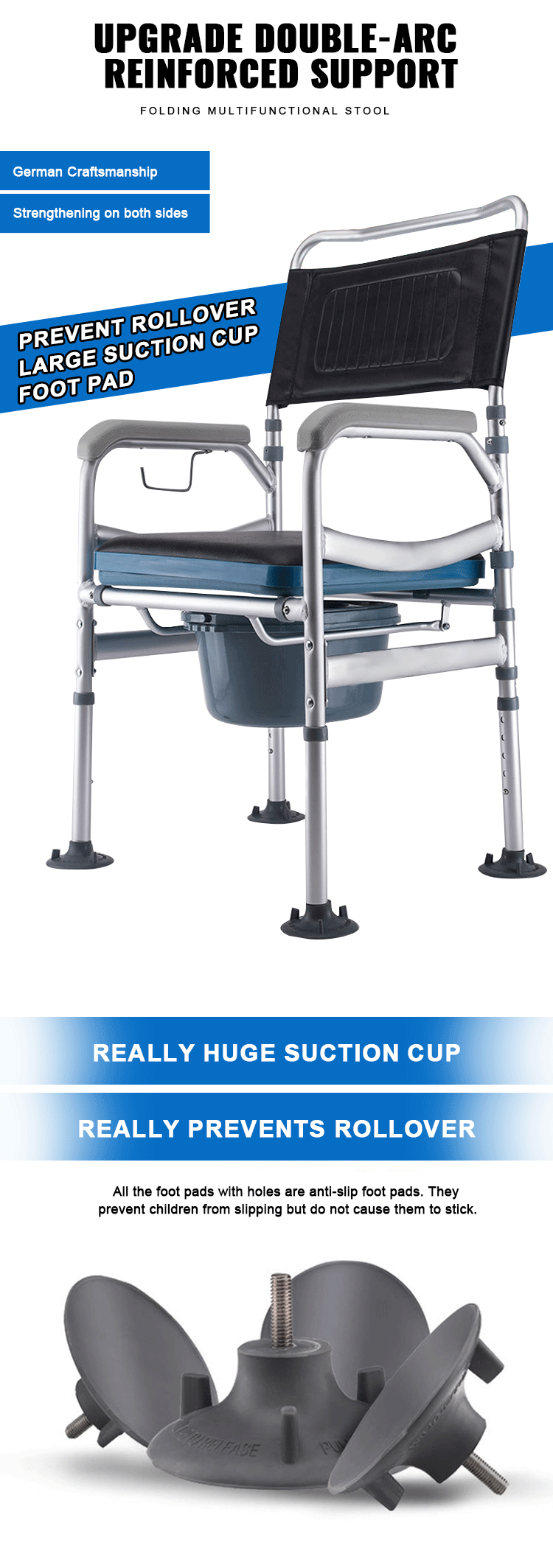 Best Quality Foldable Commode Chair Height Adjustable Mobile Toilet Chair for Elderly & Disabled