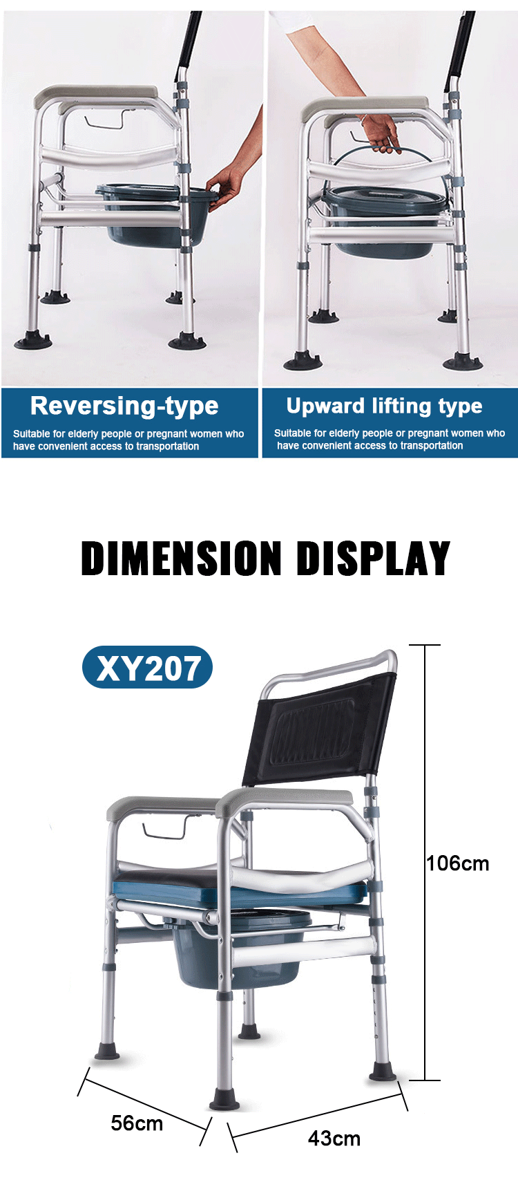 Best Quality Foldable Commode Chair Height Adjustable Mobile Toilet Chair for Elderly & Disabled