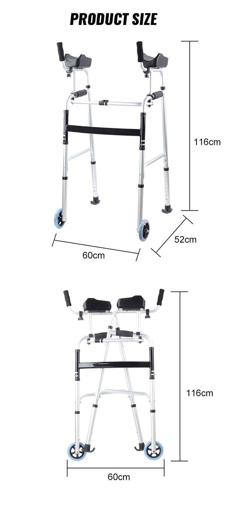 Factory Aluminum Forearm Walker Aid Adjustable Mobility Wheel Walker Folding Rollator Walker for Senior Handicap Disabled